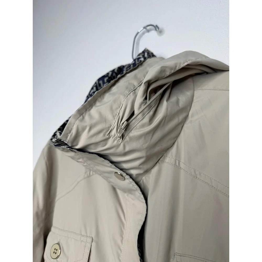 JM Collection Womens Tan Khaki Hooded Utility Rain Jacket Contrast Trim Size‎ L